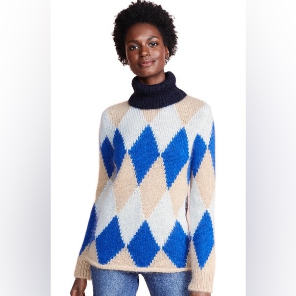 Tory Burch Libby Sweater Women’s XS Blue Beige Argyle Italian Mohair Turtleneck - Picture 1 of 8